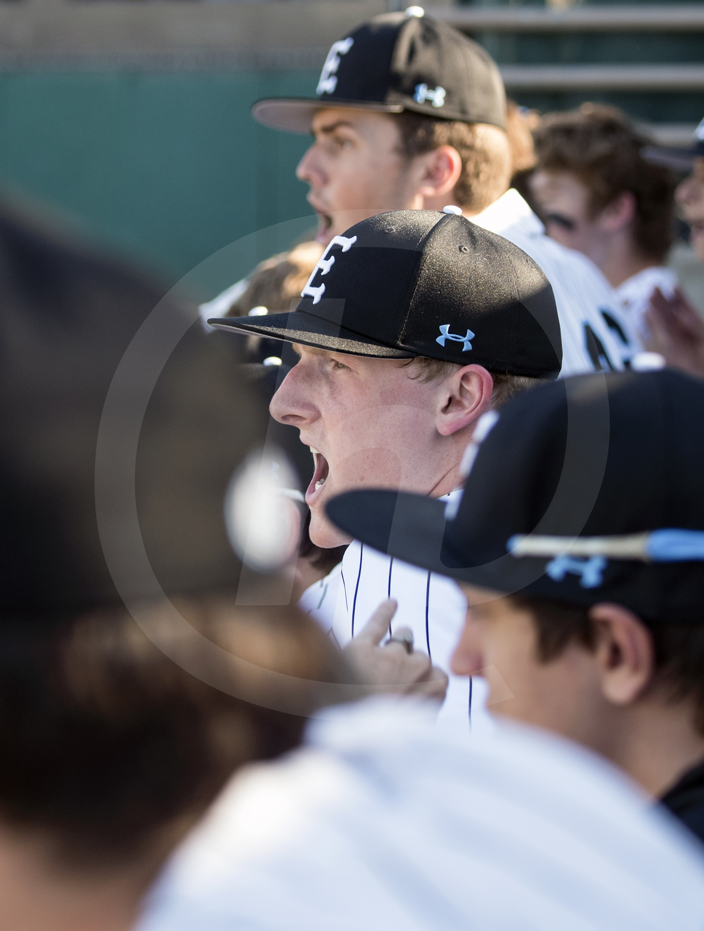 Senior Daniel Hammond yells from the dugout to his teammate rounding ...